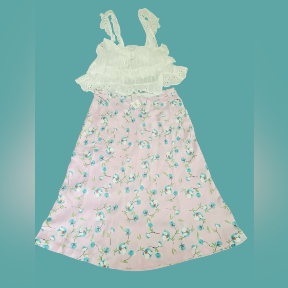 4 piece bundle. Pink Floral satin skirt, white lace top, necklace & earrings set